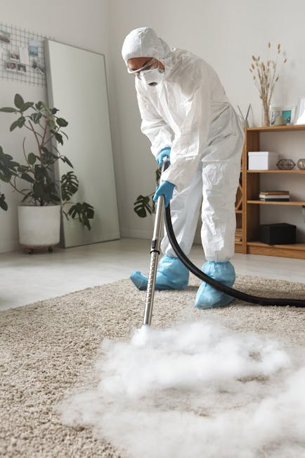 Close-up of a professional vacuum cleaner with a transparent dust container filled with debris, connected to a flexible, patterned hose attached to a floor head resting on a beige carpet in a well-lit